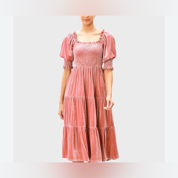 🎉HP🎉 New Pink Velvet Smocked Tiered Midi w/Puff Sleeves XL - Picture 5 of 9